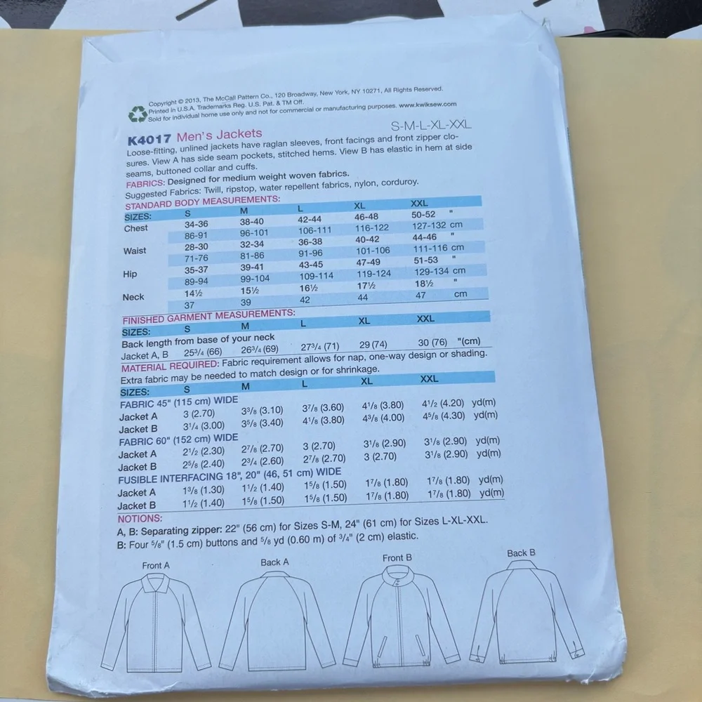 Kwik Sew Pattern K4017 for Men’s Jackets